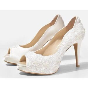 Christy‎ Ing Rosie V2 Lace Ivory Wedding Satin Bridal Lace Peep Toe 10 Heel